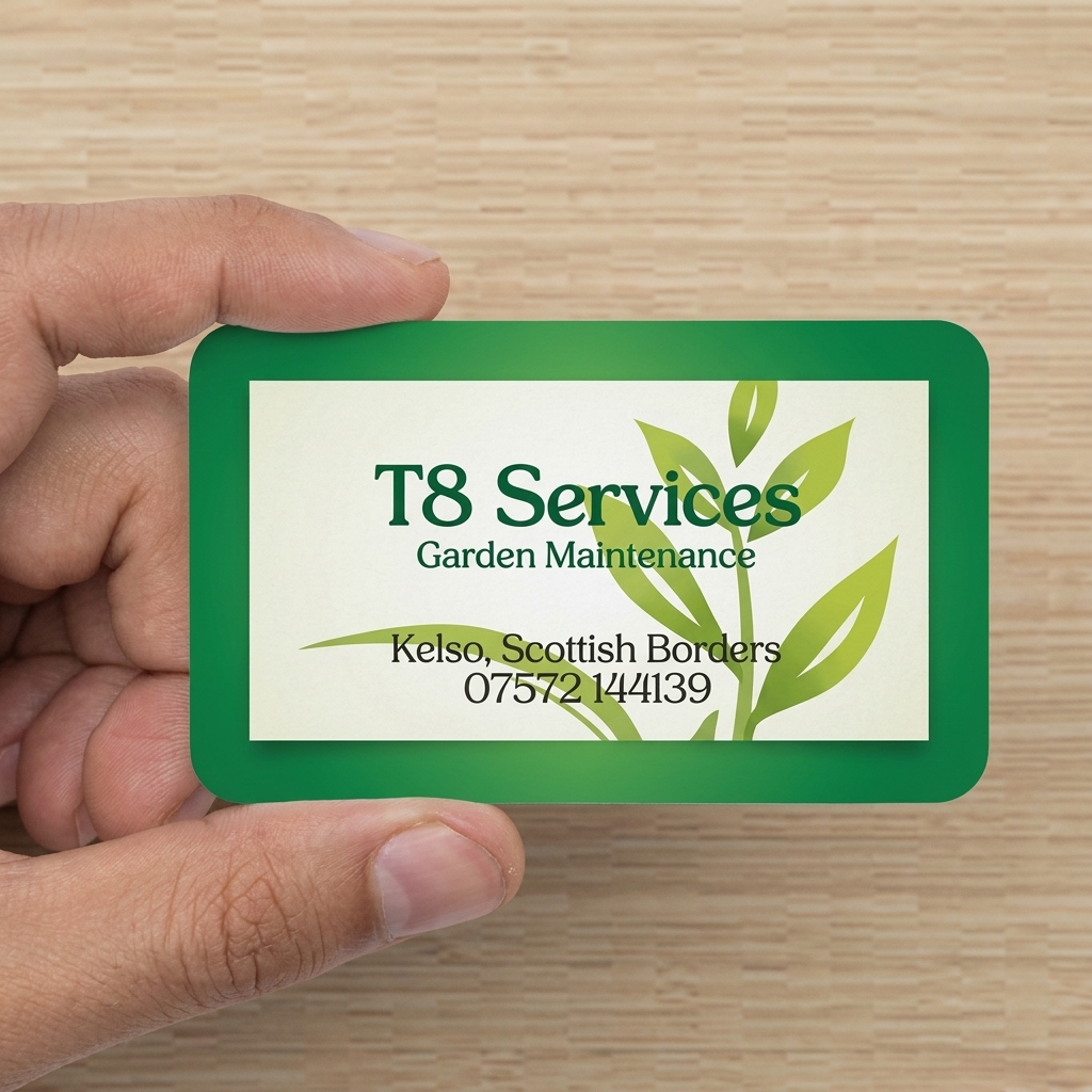 A hand holding the T8 Services business card